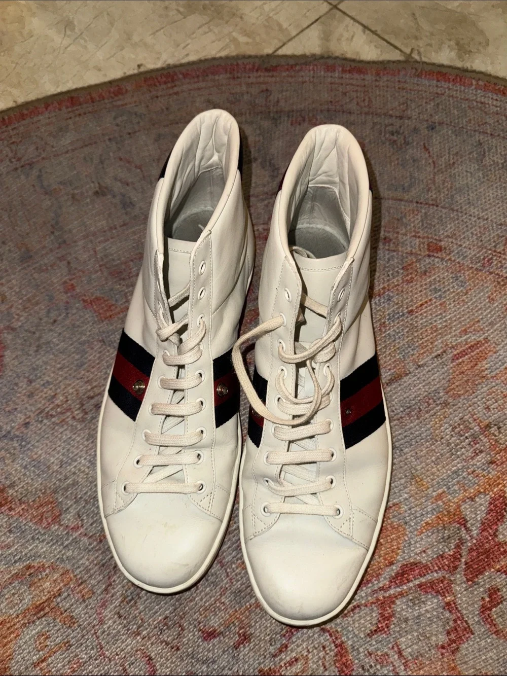 Gucci White High-Top Sneakers with Red & Navy Web